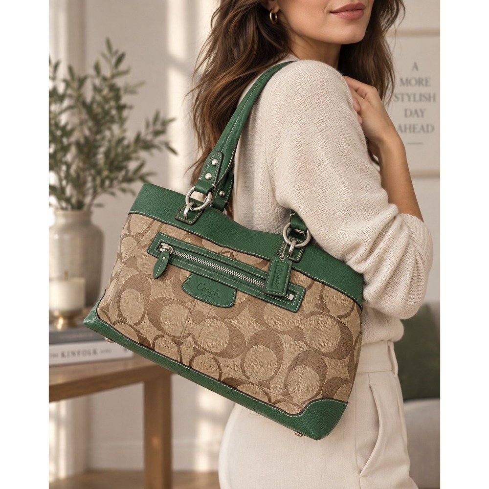 Coach Hailey Hobo 14423 Signature Jacquard Green Leather Shoulder Bag